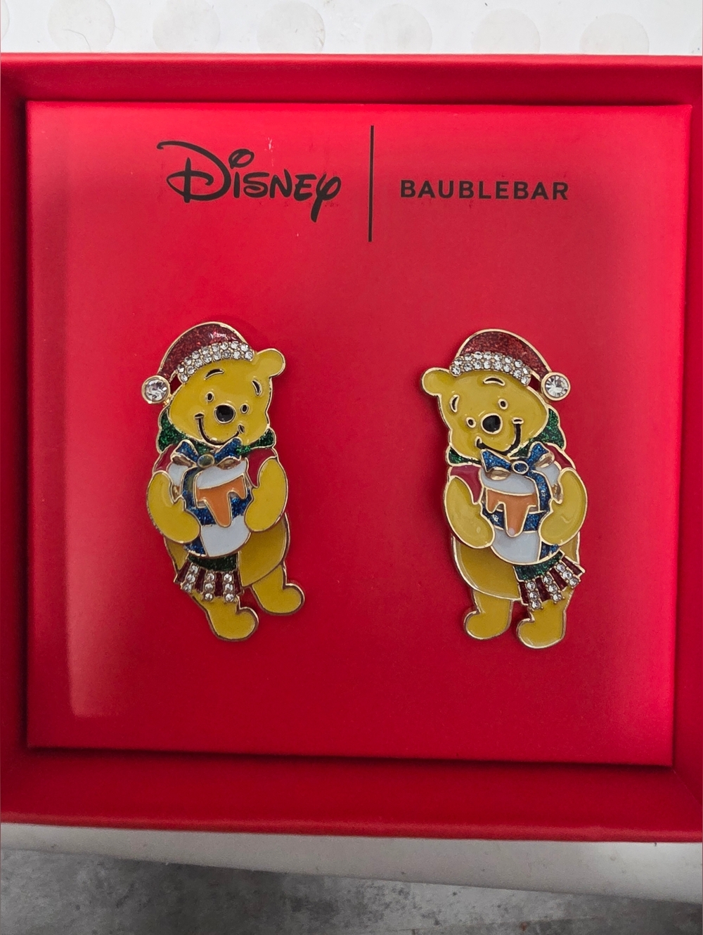 Disney BaubleBar Winnie the Pooh Holiday Enamel Earrings - Yellow, Red & Green